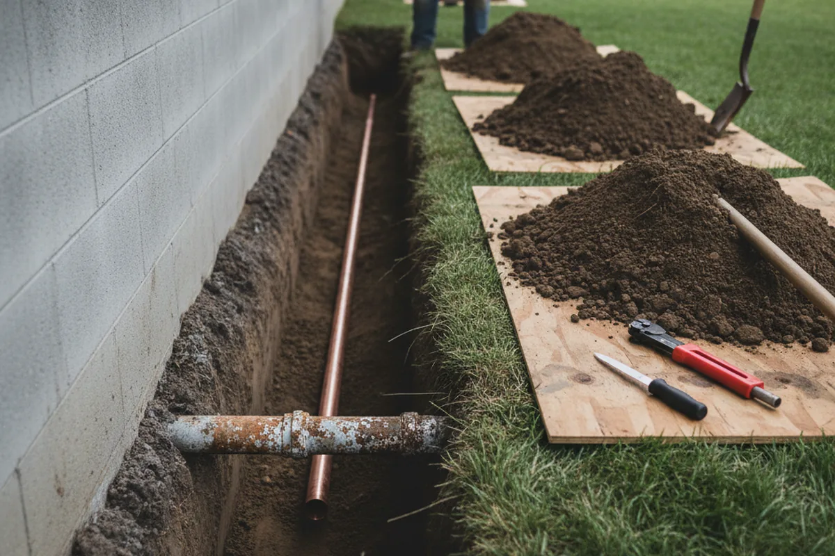 Excavated water line trench during Water Softener Installation in Fort Mill